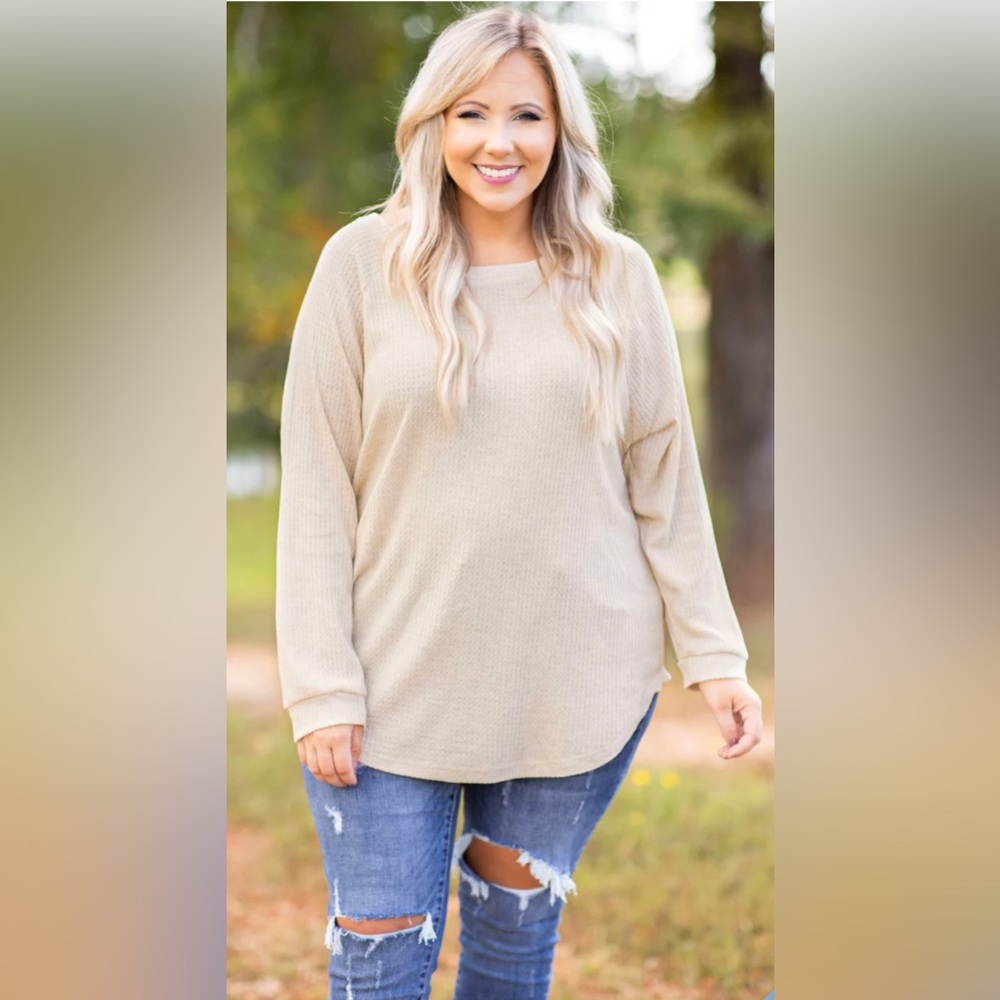 Curved Hem Slouchy Dolman Tunic, Thermal - color is Oatmeal